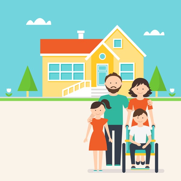 Drawing of family in front of a house with a child in a wheelchair