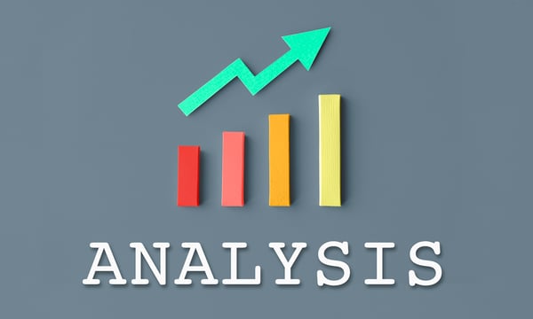 "Analysis" written under bar graph icons with an upward-trending arrow above.