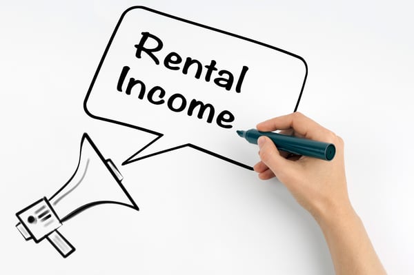 A hand drawing a speech bubble around "Rental Income" coming out of a handheld loudspeaker
