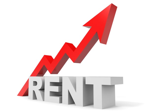 The word "rent" with a red, upward-trending arrow above it
